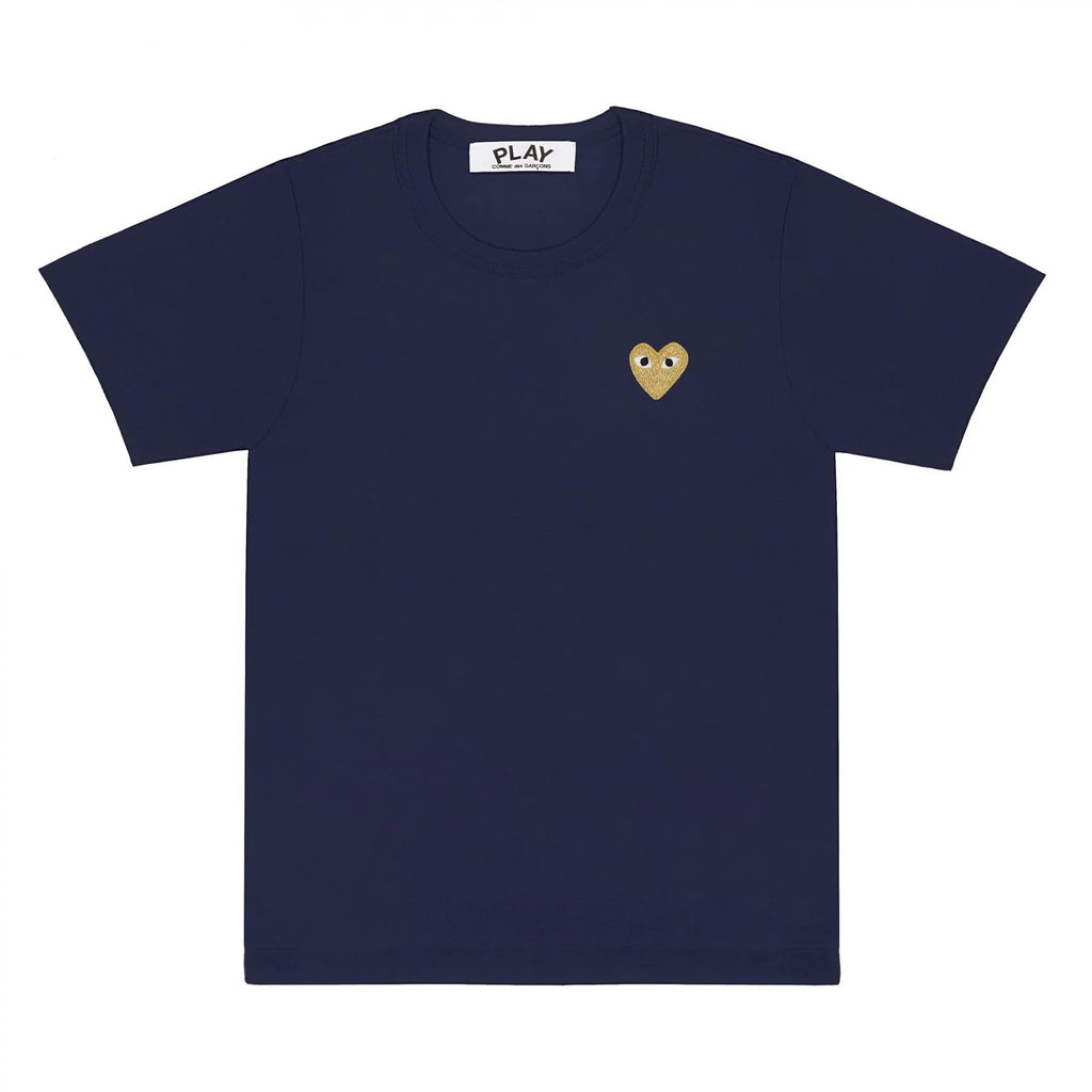 Navy blue t-shirt with a gold heart logo on a white background