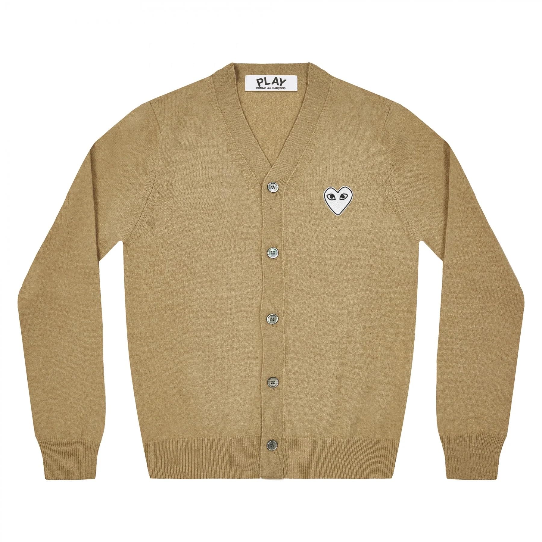 PLAY V-NECK CARDIGAN WHITE HEART NATURAL SERIES CAMEL