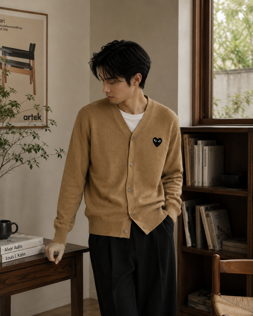 Comme des Garcons PLAY V-Neck Cardigan Black Emblem Beige