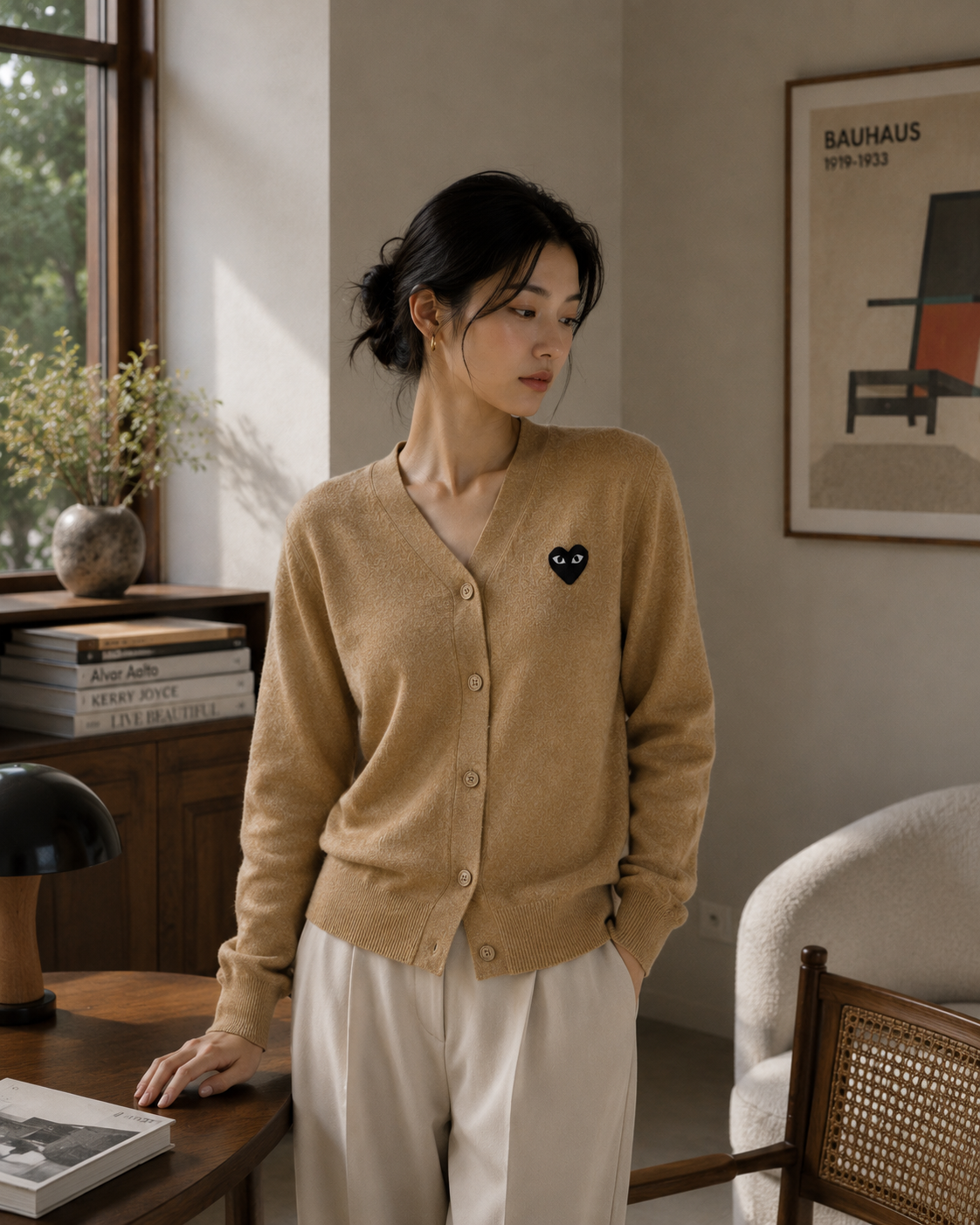 Comme des Garcons PLAY V-Neck Cardigan Black Emblem Beige