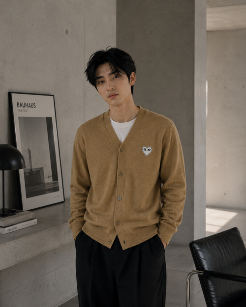 Comme des Garcons PLAY V-Neck Cardigan White Heart Natural Series Camel