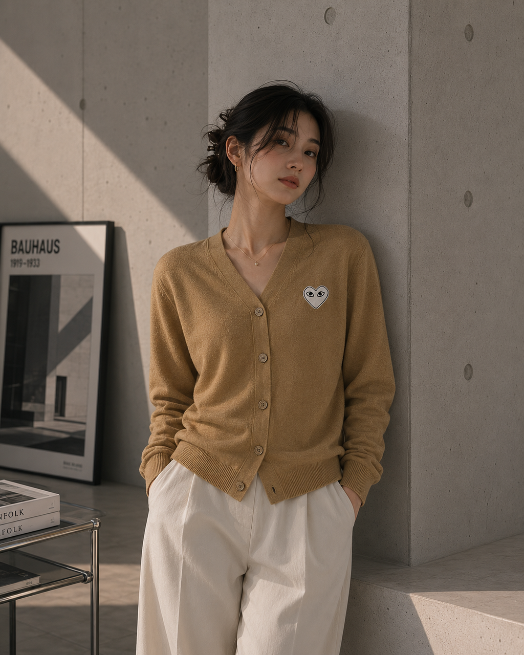 Comme des Garcons PLAY V-Neck Cardigan White Heart Natural Series Camel