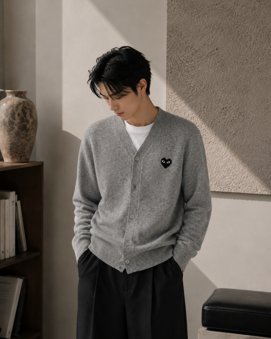 Comme des Garcons PLAY V-Neck Cardigan Black Emblem Light Grey