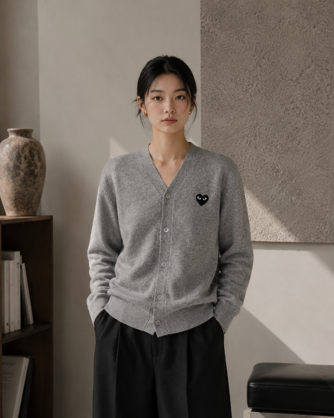 Comme des Garcons PLAY V-Neck Cardigan Black Emblem Light Grey
