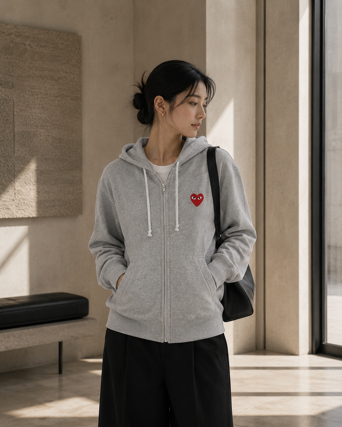 Comme des Garcons PLAY Grey Multi Logo Zip Hooded Sweatshirt
